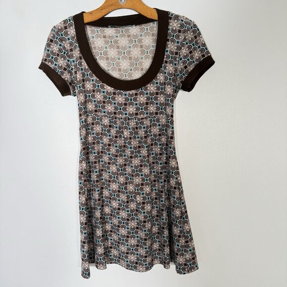 Y2K Tunic Top Babydoll Top Geometric Brown 90s Vintage Micro Mini Dress M - Picture 1 of 6